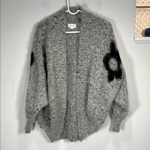 Gray Mohair Sweater with Black Floral Design, Blouson Sleeves